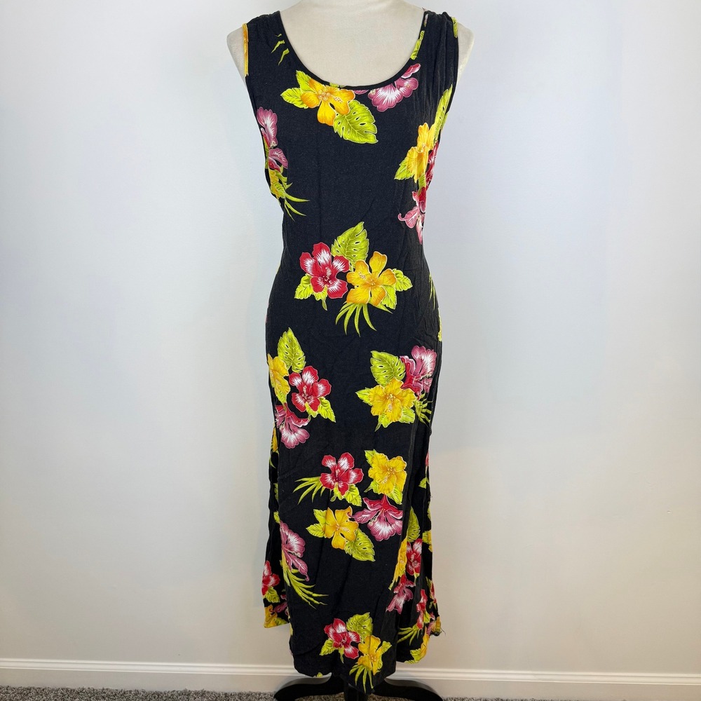 Vintage DNLA Black Full Sequin Tropical Hibiscus Rayon Maxi Dress Sz XL 90s Boho